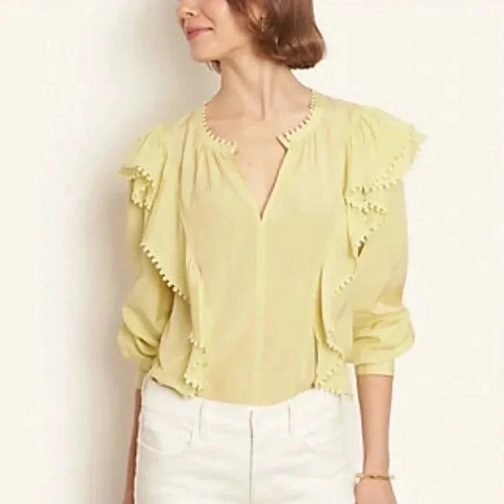 Ann Taylor | Yellow Sheer Bohemian Vintage Vibes Ruffle Blouse Size M Medium